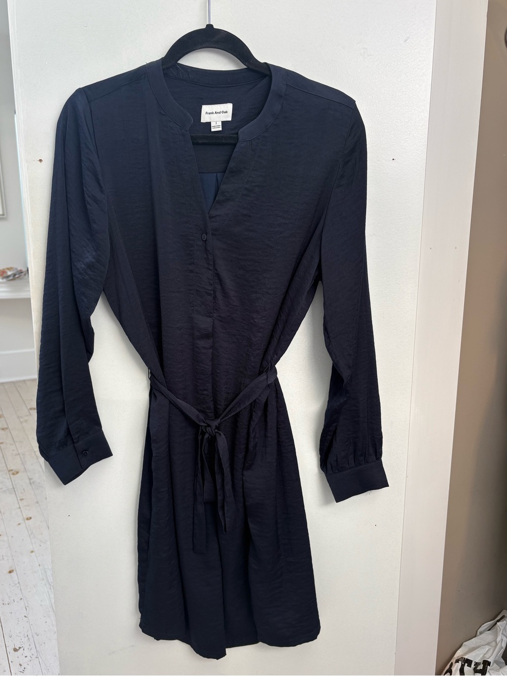 Frank & Oak Navy Long-Sleeve Button-Down Tie-Waist Shirt Dress